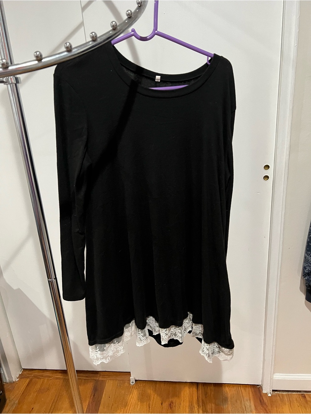 Black Long-Sleeve and Women's Top with White Lace Hem